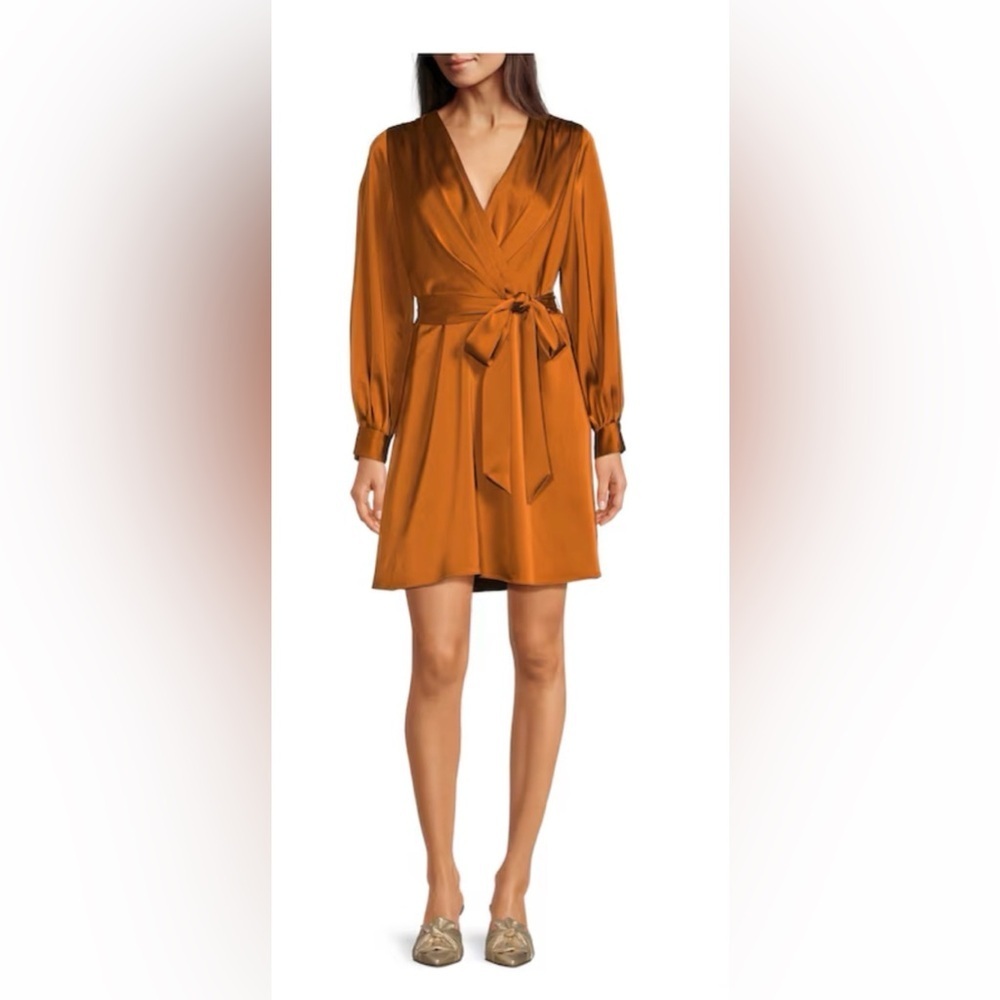 Alex Marie Satin Wrap Dress Long Sleeve Rust Brown Mini Dress Women’s